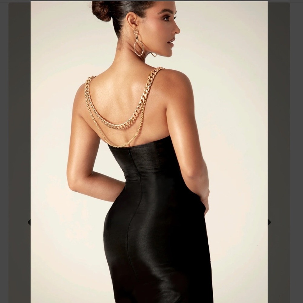 Alieva‎ Black Maxi Gown Sz L Gold Chain Strap High Slit Formal Dress Black Tie